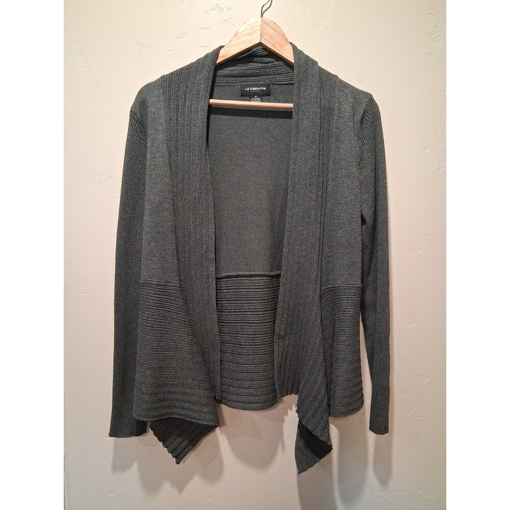 Liz Claiborne Womens M Cardigan Gray‎ Draped Open Front Ribbed Knit Career